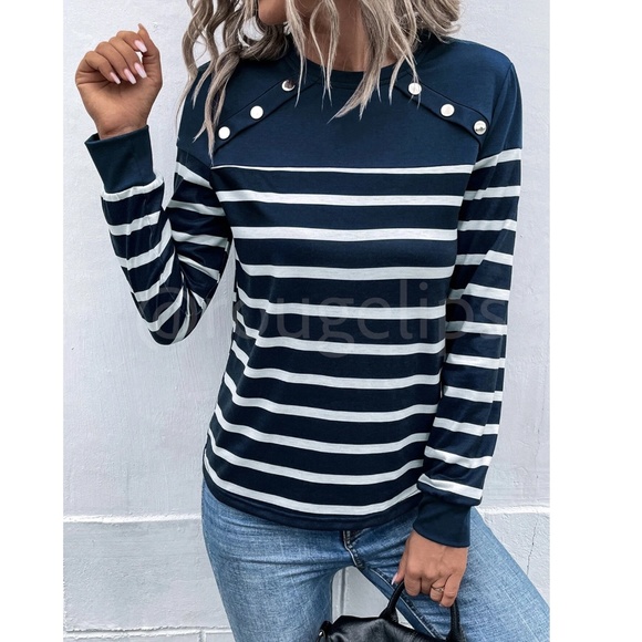Striped Button Detail Round Neck Long Sleeve Navy Blue Tee Shirt - Picture 5 of 8
